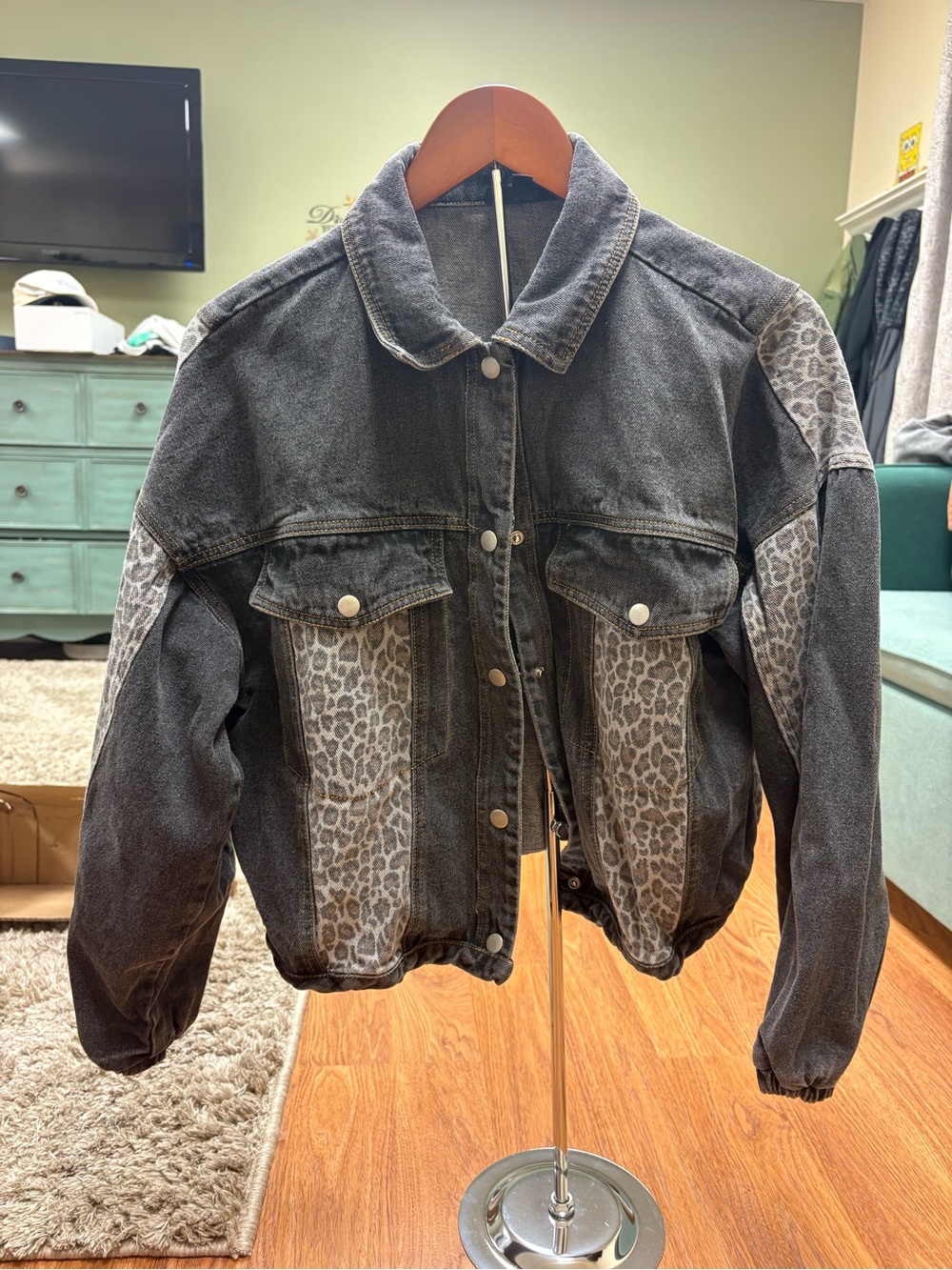 mittoshop Black Denim Jacket with Grey Leopard Panels